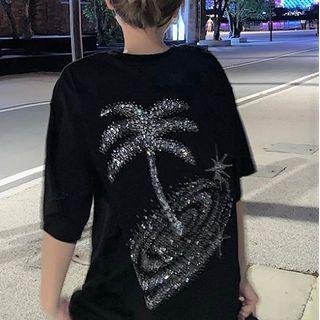Rhinestone Palm Tree T-shirt Black - One Size