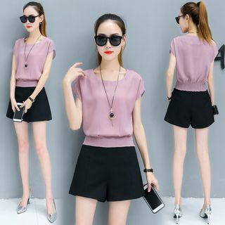 Set: Short-sleeve Chiffon Top + Wide Leg Shorts