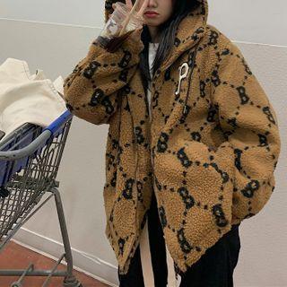 Printed Fleece Zip Hoodie Camel - One Size