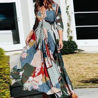 Elbow-sleeve Floral Print Panel Midi A-line Dress