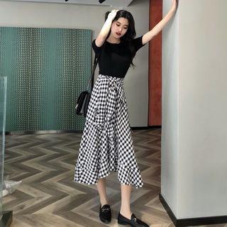 Short-sleeve Plaid Mock Two-piece Midi Dress As Shown In Figure - One Size
