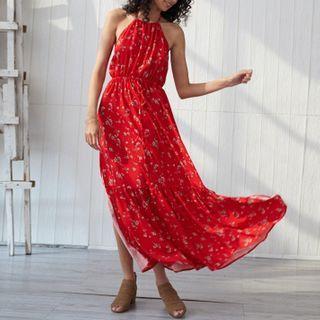 Halter-neck Open-back Floral Maxi A-line Dress