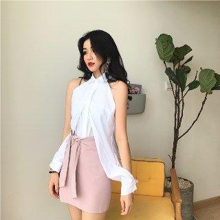 Set: Cutout-shoulder Shirt + Tie-waist Skirt