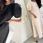 Puff-sleeve Tweed Flared Long Dress