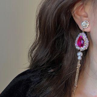 Rhinestone Drop Earring 1 Pair - Red Rhinestone - Silver - One Size