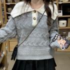 Sailor Collar Cable Knit Polo Sweater Gray - One Size