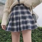 Mock Turtleneck Striped Long-sleeve Top / Mini Pleated Plaid A-line Skirt