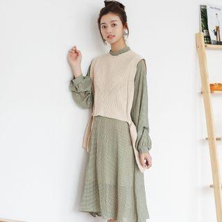 Set: Long-sleeve Gingham Midi Dress + Sweater Vest