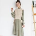 Set: Long-sleeve Gingham Midi Dress + Sweater Vest