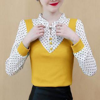 Mock Two-piece Dot Print Notched-neck Blouse