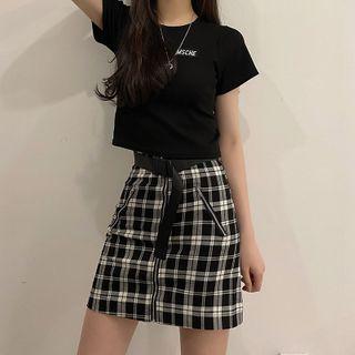 Lettering Short-sleeve Cropped Top / Plaid Mini Pencil Skirt