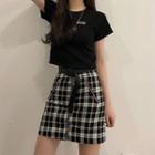 Lettering Short-sleeve Cropped Top / Plaid Mini Pencil Skirt