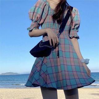 Lantern Sleeve Plaid Dress As Shown In Figure - One Size
