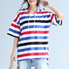 Elbow-sleeve Striped Hooded T-shirt