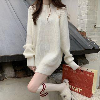 Long-sleeve Mock-neck Button-up Ribbed Knit Top