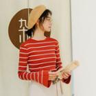 Striped Bell-sleeve Knit Sweater Red - One Size