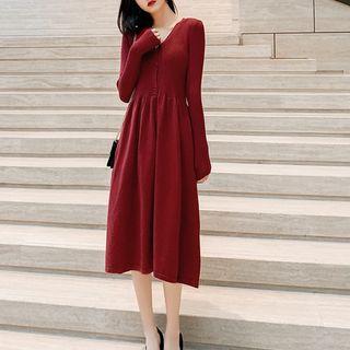 Buttoned A-line Mini Rib Knit Dress