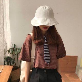 Plaid Short-sleeve Shirt With Striped Neck Tie