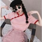 Contrast-trim Button Short-sleeve Top As Shown In Figure - One Size