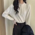 Lace Trim Henley Knit Top White - One Size
