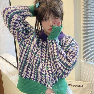 Houndstooth Cropped Cardigan Purple & Green - One Size