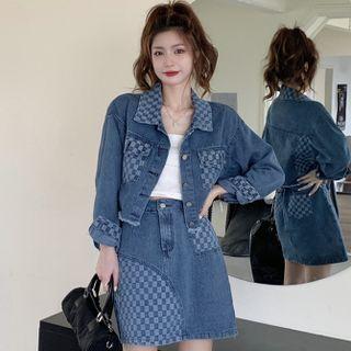 Check Panel Denim Jacket / Mini Pencil Skirt