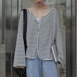 Long-sleeve Button-up Striped T-shirt Black & White - One Size