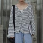 Long-sleeve Button-up Striped T-shirt Black & White - One Size