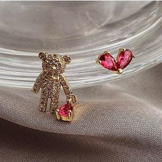 Non-matching Rhinestone Bear Stud Earring / Clip-on Earring