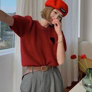 Puff-sleeve Heart Knit Top Red - One Size