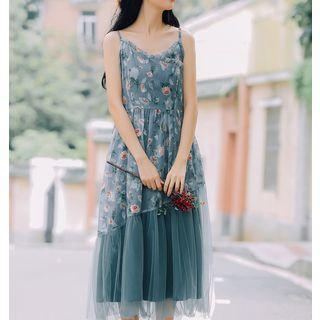 Strappy Floral Printed Mesh Hem A-line Dress