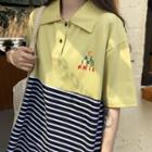 Elbow-sleeve Letter Embroidered Striped Panel Polo Shirt