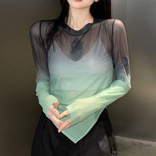 Long-sleeve Asymmetrical Drawstring Mesh T-shirt