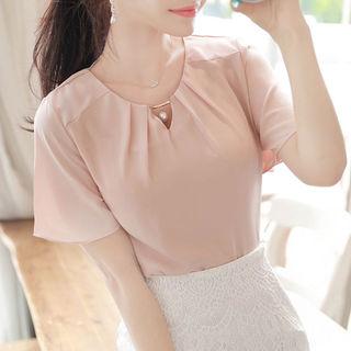 Faux-pearl Metal-detail Pleated Top