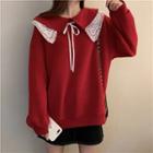 Peter-pan Collar Lace-trim Fleece Long-sleeve Sweatshirt