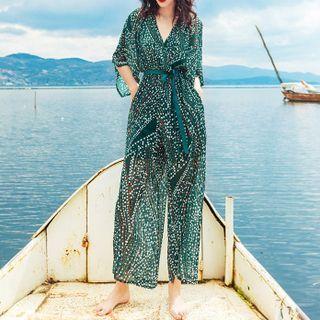 Elbow-sleeve Print Cropped Wide Leg Chiffon Jumpsuit