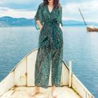 Elbow-sleeve Print Cropped Wide Leg Chiffon Jumpsuit