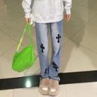 High Waist Cross Applique Washed Loose Fit Jeans