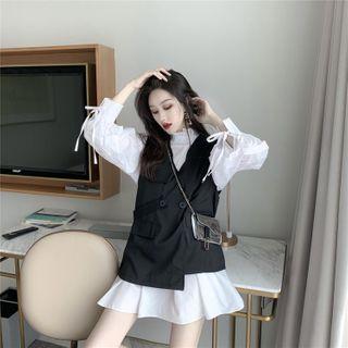 Long-sleeve A-line Dress / Double Breasted Vest