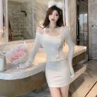 Long-sleeve Buttoned Off-shoulder Crop Top / Mini Bodycon Tank Dress