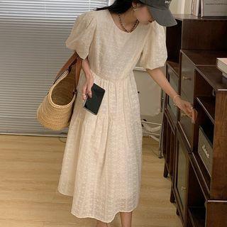 Puff-sleeve Midi A-line Eyelet Lace Dress Beige - One Size