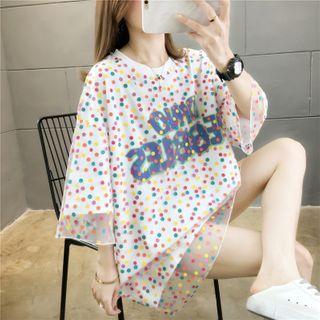 Short-sleeve Lettering Dotted Mesh Overlay T-shirt