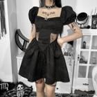 Puff-sleeve Square-neck Lace Panel Mini A-line Dress