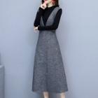 Set: Long-sleeve Top + Sleeveless Plaid A-line Midi Dress