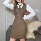 Mock Two-piece Puff-sleeve Ribbed Bodycon Dress
