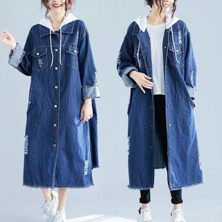 Fray Hem Hooded Midi Denim Jacket