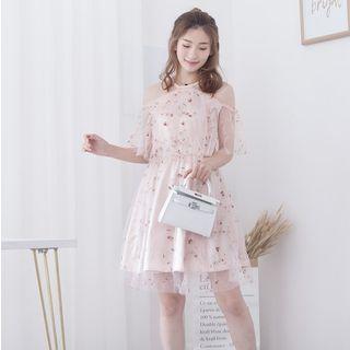 Halter Embroidered Mini A-line Mesh Dress