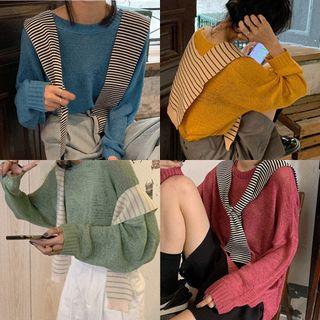 Long-sleeve Knit Sweater / Striped Shawl