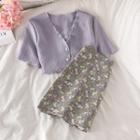 Short-sleeve Button-up Top / Floral Print Mini Skirt
