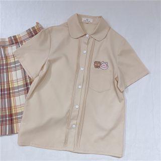 Short-sleeve Cartoon Embroidered Shirt Khaki - One Size